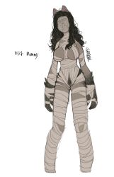 Rule 34 | 1girl, animal ears, bandages, black hair, breasts, claws, covered face, curly hair, facing viewer, female pubic hair, highres, large breasts, long hair, mummy, mummy (sparrowl), original, pigeon-toed, pubic hair, simple background, solo, sparrowl, standing, white background