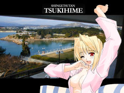 Rule 34 | 00s, 1girl, arcueid brunestud, blonde hair, breasts, large breasts, one eye closed, open clothes, open shirt, red eyes, shirt, solo, tsukihime, wallpaper, wink, yawning
