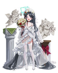 Rule 34 | 1girl, absurdly long hair, absurdres, angel statue, aris (blue archive), black hair, blue archive, blush, bouquet, breasts, bridal gauntlets, bridal veil, bugle, cleavage, dress, flower, full body, garter straps, halo, head wreath, highres, holding, holding bouquet, instrument, leviathan (hikinito0902), long hair, looking at viewer, lyre, medium breasts, midori (blue archive), momoi (blue archive), music, panties, playing instrument, see-through, see-through cleavage, see-through dress, simple background, smile, solo, swept bangs, thighhighs, underwear, veil, very long hair, white background, white dress, white garter straps, white panties, white thighhighs