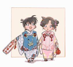Rule 34 | blue eyes, brown hair, child, edogawa conan, hair bun, hair ornament, highres, holding, holding hands, japanese clothes, kimono, looking to the side, looking up, masso, meitantei conan, mouri ran, open mouth, short hair, translation request, walking