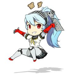 Rule 34 | android, atlus, blue hair, bread slice, food, highres, labrys (persona), megami tensei, persona, persona 4, persona 4: the ultimate in mayonaka arena, ponytail, red eyes, school uniform, shin megami tensei, skirt, toast