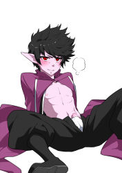 Rule 34 | 1boy, black hair, blush, character request, deyezi, erection, male focus, naughty face, nipples, penis, pointy ears, purple hair, red eyes, smile, solo, sweat, tagme, teeth, underwear, undressing