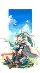 Rule 34 | 1girl, ^ ^, absurdres, bow (weapon), closed eyes, day, earrings, closed eyes, fingerless gloves, fire emblem, fire emblem: the blazing blade, fire emblem heroes, gloves, green hair, high ponytail, highres, jewelry, long hair, looking at viewer, lyn (fire emblem), nintendo, nonomori (anst nono), open mouth, pelvic curtain, ponytail, side slit, sky, smile, solo, sword, very long hair, weapon