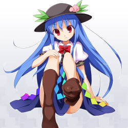 Rule 34 | 1girl, :t, bad id, bad pixiv id, blue hair, bow, brown socks, food, fruit, gradient background, hat, head tilt, hinanawi tenshi, long hair, looking at viewer, outstretched foot, peach, pout, puffy sleeves, red eyes, salamander (hop-step), shirt, short sleeves, sitting, skirt, socks, solo, touhou, very long hair