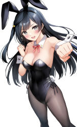 Rule 34 | 1girl, :d, alternate costume, animal ears, bare shoulders, black hair, breasts, clenched hand, detached sleeves, grey eyes, highres, leotard, long hair, looking at viewer, love live!, love live! nijigasaki high school idol club, medium breasts, neck ribbon, open mouth, outstretched arm, pantyhose, playboy bunny, punching, rabbit ears, ribbon, sankuro (agoitei), simple background, smile, solo, white background, wrist cuffs, yuki setsuna (love live!)