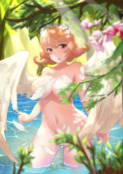 Rule 34 | 1girl, absurdres, bird girl, breasts, cleavage, convenient censoring, flyingsakana, forest, highres, ishuzoku reviewers, large breasts, meidri, monster girl, nature, navel, nude, open mouth, orange hair, red eyes, short hair, solo, standing, water, wings
