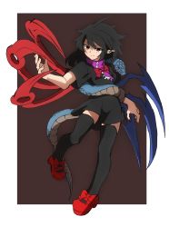 Rule 34 | 1girl, asymmetrical wings, black dress, black hair, black thighhighs, blue wings, border, bow, brown background, dress, fingernails, footwear bow, frilled scarf, full body, highres, houjuu nue, mary janes, medium hair, pointy ears, purple scarf, red bow, red eyes, red footwear, red wings, scarf, shinmon akika, shoes, short dress, short sleeves, simple background, snake, solo, thighhighs, touhou, white border, wings, zettai ryouiki