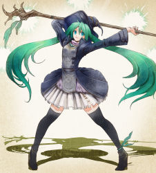 Rule 34 | 1girl, adapted costume, anklet, blue eyes, boots, cosplay, dark souls (series), dark souls i, female focus, hat, hatsune miku, high heels, jacket, jewelry, long hair, nukotama, shadow, skirt, smile, solo, staff, standing, thigh boots, thighhighs, twintails, very long hair, vocaloid, witch beatrice, witch beatrice (cosplay), witch hat