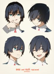 Rule 34 | 10s, 1boy, artist name, black hair, blue eyes, commentary request, darling in the franxx, english text, expressions, closed eyes, hand up, hiro (darling in the franxx), looking at viewer, male focus, multiple views, short hair, toma (norishio)