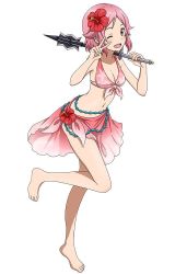 Rule 34 | 1girl, ;d, barefoot, belly chain, bikini, breasts, cleavage, collarbone, feet, floral print, flower, full body, hair flower, hair ornament, hibiscus, holding, holding weapon, jewelry, leg up, lisbeth (sao), looking at viewer, medium breasts, navel, one eye closed, open mouth, pink bikini, pink hair, print bikini, red eyes, red flower, sarong, short hair, simple background, smile, solo, standing, standing on one leg, swimsuit, sword art online, v over eye, weapon, white background
