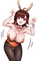 Rule 34 | 1girl, absurdres, animal ears, arms up, ayana (liberty manurung), bare shoulders, black pantyhose, bow, bowtie, breasts, brown hair, cleavage, covered navel, cowboy shot, detached collar, fake animal ears, hair bow, highres, large breasts, leotard, liberty manurung, looking at viewer, open mouth, orange bow, orange bowtie, orange leotard, original, pantyhose, playboy bunny, polka dot, polka dot bow, polka dot bowtie, rabbit ears, red eyes, shadow, short hair, simple background, smile, solo, strapless, strapless leotard, white background, wrist cuffs