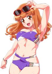 Rule 34 | 10s, 1girl, :d, adjusting eyewear, alternate costume, arm up, bare arms, bare legs, bare shoulders, bikini, blunt bangs, blush, bracelet, breasts, clenched hand, collarbone, commentary, cowboy shot, female focus, floating hair, girls und panzer, happy, head tilt, jewelry, legs, long hair, looking at viewer, medium breasts, multicolored bikini, multicolored clothes, multicolored swimsuit, nail polish, navel, neck, open mouth, orange eyes, orange hair, pink nails, purple bikini, red-framed eyewear, senzoc, shiny skin, simple background, skindentation, smile, solo, standing, strapless, strapless bikini, sunglasses, sunglasses on head, swimsuit, takebe saori, white background