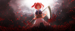 Rule 34 | 1010kman, 1girl, backlighting, blurry, blurry foreground, breasts, cloud, cloudy sky, depth of field, expressionless, flower, hair bobbles, hair ornament, highres, holding, holding scythe, japanese clothes, long hair, looking at viewer, medium breasts, onozuka komachi, puffy short sleeves, puffy sleeves, red eyes, red hair, scythe, short sleeves, skirt, sky, solo, spider lily, standing, touhou, twintails, two side up