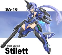 Rule 34 | 10s, armor, black gloves, blue eyes, blue hair, elbow gloves, english text, flying, frame arms girl, gatling gun, gloves, gradient background, gun, headgear, karukan (monjya), long hair, mecha, mecha musume, missile, panties, robot, skirt, smile, solo, striped clothes, striped panties, stylet, text focus, thighhighs, twintails, underwear, very long hair, weapon