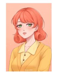 Rule 34 | 1girl, absurdres, artist name, border, buttons, collarbone, collared shirt, commentary, earrings, english commentary, green eyes, highres, jewelry, lips, looking at viewer, mugen0017, orange hair, outside border, parted lips, penny (stardew valley), pink lips, shirt, short hair, simple background, solo, stardew valley, white border, yellow background, yellow shirt