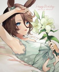 Rule 34 | 1girl, animal ears, arm up, armpits, bare shoulders, blue eyes, breasts, brown hair, collarbone, commentary request, dated, flower, grey background, grey shirt, happy birthday, holding, holding flower, horse ears, kanaiko, lily (flower), looking at viewer, lying, narita taishin (umamusume), navel, on back, open mouth, pink ribbon, ribbon, shirt, short hair, small breasts, smile, solo, tank top, tied shirt, twitter username, umamusume, upper body