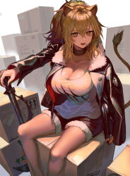 Rule 34 | 1girl, :d, animal ears, arknights, black nails, box, breasts, brown eyes, brown hair, candy, cardboard box, cleavage, collar, food, fur trim, hair between eyes, highres, holding, holding weapon, jacket, lion ears, lion tail, lollipop, looking at viewer, nail polish, open mouth, ponytail, shirt, shorts, siege (arknights), sitting, smile, solo, t-shirt, tail, ukimesato, weapon