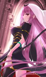 Rule 34 | 1girl, black thighhighs, blunt bangs, breasts, closed mouth, commentary request, from behind, highres, holding, holding scythe, hololive, hololive english, inari (ambercrown), large breasts, long hair, looking at viewer, mori calliope, mori calliope (1st costume), pink hair, red eyes, scythe, single thighhigh, solo, thighhighs, veil, very long hair, virtual youtuber