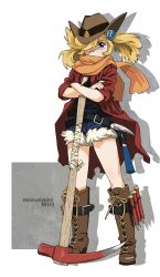 Rule 34 | 1girl, akai sashimi, blonde hair, blue eyes, blue shorts, boots, brown footwear, brown headwear, character name, drop shadow, full body, hair over one eye, jacket, long hair, looking at viewer, mizunami fossil museum, mizunami mio, orange scarf, pickaxe, red jacket, scarf, shorts, simple background, solo, standing, twintails, white background
