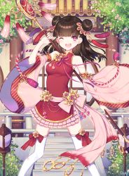 Rule 34 | 1girl, ;d, bare shoulders, black hair, blush, bow, brown hair, bun cover, china dress, chinese clothes, detached sleeves, double bun, dress, frilled dress, frills, hair bun, hair ornament, high collar, jewelry, long hair, looking at viewer, natsu (759aqsw), nontraditional miko, one eye closed, open mouth, original, outdoors, pink eyes, ribbon, sash, shrine, side slit, smile, solo, staff, thighhighs, wide sleeves