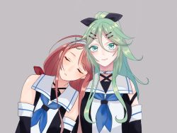Rule 34 | 2girls, ahoge, asymmetrical bangs, bad id, bad twitter id, bare shoulders, black bow, black ribbon, black serafuku, blue neckerchief, blush, bow, breasts, choker, closed eyes, closed mouth, commentary request, detached sleeves, green eyes, green hair, grey background, hair between eyes, hair bow, hair ornament, hair over shoulder, hairband, hairclip, halterneck, handa (jdox), kantai collection, kawakaze (kancolle), long hair, looking at viewer, multiple girls, neckerchief, parted lips, ponytail, red bow, red hair, red ribbon, ribbon, sailor collar, school uniform, serafuku, sleeping, sleeping on person, smile, swept bangs, upper body, white hairband, white sailor collar, yamakaze (kancolle)