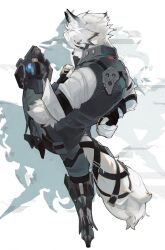 1boy black_gloves closed_mouth fingerless_gloves full_body furry furry_male gloves hair_between_eyes highres looking_ahead male_focus mumu_vosp red_eyes serious sidelocks simple_background solo standing standing_on_one_leg tail von_lycaon white_hair zenless_zone_zero