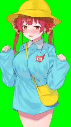 Rule 34 | 1girl, absurdres, alternate costume, arrow through heart, bag, between breasts, blue shirt, blush, breasts, cowboy shot, eyelashes, green background, hair ribbon, hat, heterochromia, highres, hololive, houshou marine, kindergarten uniform, large breasts, long sleeves, looking at viewer, medium hair, name tag, open mouth, red eyes, red hair, ribbon, school bag, school hat, school uniform, shirt, simple background, sleeves past wrists, smile, solo, strap between breasts, thighs, tonarikeru, twintails, virtual youtuber, wing collar, yellow eyes, yellow hat