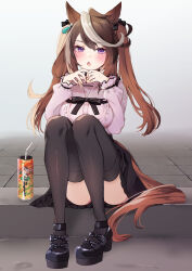 Rule 34 | 1girl, alternate hairstyle, animal ears, ass, black footwear, black thighhighs, blush, breasts, brown hair, can, collared shirt, drinking straw, earrings, full body, hair between eyes, highres, horse ears, horse girl, horse tail, jewelry, jirai kei, looking at viewer, medium breasts, multicolored hair, open mouth, pink shirt, purin jiisan, purple eyes, shirt, shoes, single earring, solo, symboli rudolf (umamusume), tail, thighhighs, two-tone hair, two side up, umamusume, white hair