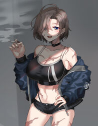 Rule 34 | 1girl, absurdres, ahoge, armored core, armored core 6, black sports bra, blue eyes, breasts, brown hair, cigarette, cleavage, genderswap, genderswap (mtf), hair over one eye, highres, holding, holding cigarette, jacket, large breasts, medium hair, mole, mole under eye, open clothes, open jacket, scar, scar on arm, scar on breasts, scar on face, scar on leg, scar on stomach, short shorts, shorts, solo, sports bra, tomoru (tomanvil 3), v.iv rusty