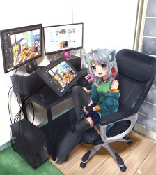 Rule 34 | 1girl, animal ears, bare shoulders, black thighhighs, blue skirt, breasts, cable, cat ears, chair, computer, doughnut, drawing tablet, electric plug, fingerless gloves, food, gloves, grey hair, hair ornament, hair ribbon, highres, indoors, jacket, medium hair, michiru donut, monitor, multiple monitors, no shoes, office chair, open mouth, original, red ribbon, ribbon, signature, sitting, skirt, small breasts, solo, swivel chair, table, thighhighs, wooden floor