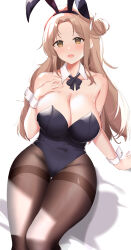 Rule 34 | 1girl, absurdres, alternate costume, animal ears, arm support, bare shoulders, black bow, black bowtie, black leotard, blush, bow, bowtie, breasts, brown eyes, brown hair, brown pantyhose, cleavage, commentary, covered navel, detached collar, fake animal ears, hand on own chest, highres, ichikawa hinana, idolmaster, idolmaster shiny colors, large breasts, leotard, long hair, looking at viewer, open mouth, pantyhose, playboy bunny, rabbit ears, simple background, smile, solo, thick thighs, thigh gap, thighs, usagi poi, white background