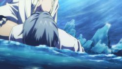 Rule 34 | 10s, 1boy, 1girl, animated, animated gif, bare shoulders, breasts, cleavage, la folia rihavein, large breasts, long hair, no bra, silver hair, strike the blood