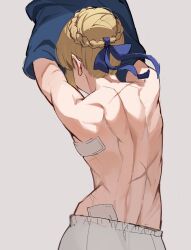 Rule 34 | 1girl, arms up, artoria pendragon (all), artoria pendragon (fate), back, back focus, bandaid, bandaid on back, blonde hair, blue ribbon, braid, fate/stay night, fate (series), from behind, grey background, highres, jason kim, muscular, muscular female, ribbon, saber (fate), scar, short hair, simple background, solo, undressing