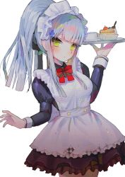 Rule 34 | 1girl, alternate costume, alternate hairstyle, apron, bad id, bad twitter id, black dress, bow, bowtie, cake, cake slice, cowboy shot, cross hair ornament, cup, dress, enmaided, food, frilled dress, frills, girls&#039; frontline, green eyes, hair ornament, hanato (seonoaiko), hand up, highres, hk416 (girls&#039; frontline), holding, holding tray, juliet sleeves, long hair, long sleeves, looking at viewer, maid, maid apron, maid headdress, ponytail, puffy sleeves, red bow, red bowtie, saucer, sidelocks, silver hair, simple background, solo, standing, teacup, tray, white apron, white background, wing collar