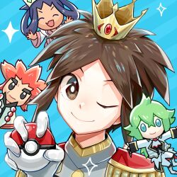 Rule 34 | 1girl, 3boys, ;), alder (pokemon), blue background, bright pupils, brown eyes, brown hair, closed mouth, creatures (company), crown, epaulettes, ffccll, game freak, gloves, highres, holding, holding poke ball, iris (pokemon), jacket, looking at viewer, male focus, mini crown, mixed-language commentary, multiple boys, n (pokemon), nate (champion) (pokemon), nate (pokemon), nintendo, official alternate costume, one eye closed, poke ball, poke ball (basic), pokemon, pokemon bw2, pokemon masters ex, short hair, smile, sparkle, white gloves, white pupils