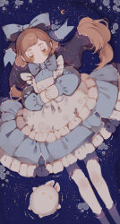 Rule 34 | 1girl, apron, blue bow, blue bowtie, blue dress, blue flower, blue rose, bow, bowtie, brown hair, closed eyes, closed mouth, commentary, crescent, deviantart sample, dress, english commentary, expressionless, eyelashes, feet out of frame, flower, frilled apron, frilled dress, frills, full body, gloves, hair bow, highres, image sample, light blush, littlebluemuffin, long hair, long sleeves, original, own hands together, pantyhose, partially submerged, petals, puffy long sleeves, puffy sleeves, rabbit, rose, short dress, sleeping, solid circle eyes, solo, sparkle, water, white apron, white gloves, white pantyhose