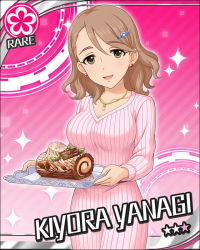 Rule 34 | 10s, 1girl, brown hair, cake, card (medium), character name, earrings, flower (symbol), food, green eyes, hair ornament, hairclip, idolmaster, idolmaster cinderella girls, jewelry, long hair, merry christmas, necklace, official art, pink background, smile, solo, sparkle, wavy hair, yanagi kiyora, yule log (cake)