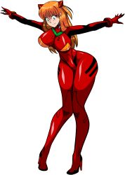 Rule 34 | 1girl, alcione makoto, alternate breast size, arms up, blue eyes, bodysuit, breasts, brown hair, curvy, earrings, highres, interface headset, jewelry, large breasts, long hair, looking to the side, neon genesis evangelion, plugsuit, red bodysuit, shiny clothes, skin tight, smile, souryuu asuka langley, two side up, very long hair, wide hips