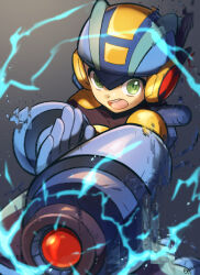 Rule 34 | 1boy, android, arm cannon, blue headwear, bodysuit, collarbone, electricity, glitch, green eyes, grey background, helmet, male focus, mega man (series), mega man battle network (series), megaman.exe, open mouth, pechka, signature, solo, teeth, upper teeth only, weapon