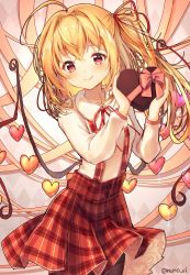 Rule 34 | 1girl, ahoge, alternate costume, artist name, black pantyhose, blonde hair, bow, box, box of chocolates, breasts, commentary request, cowboy shot, flandre scarlet, heart, heart-shaped box, highres, holding, holding box, looking at viewer, neck ribbon, nenobi (nenorium), no headwear, pantyhose, pink bow, plaid, plaid skirt, red eyes, red ribbon, red skirt, ribbon, shirt, side ponytail, skirt, small breasts, smile, solo, standing, suspender skirt, suspenders, touhou, twitter username, valentine, white shirt, wings
