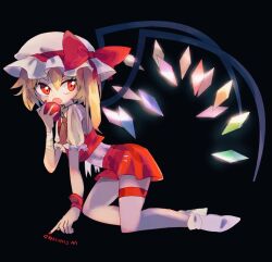 Rule 34 | 1girl, apple, ascot, black background, blonde hair, bow, breasts, doryata, english text, flandre scarlet, food, frilled ascot, frilled sleeves, frills, from side, fruit, full body, glowing, glowing wings, hair between eyes, hat, hat bow, hat ribbon, highres, holding, holding food, holding fruit, looking at viewer, medium hair, miniskirt, mob cap, multicolored wings, nail polish, no shoes, one side up, puffy short sleeves, puffy sleeves, red apple, red bow, red eyes, red nails, red ribbon, red skirt, red vest, ribbon, shirt, short sleeves, simple background, skirt, small breasts, socks, solo, touhou, unfinished, vest, white hat, white shirt, white socks, wings, yellow ascot