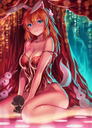 Rule 34 | 1girl, animal ears, barefoot, blue eyes, blush, bottomless, breasts, camisole, charlotte e. yeager, flower, hair flower, hair ornament, large breasts, lingerie, long hair, looking at viewer, michairu, night clothes, no panties, orange hair, rabbit ears, rabbit girl, rabbit tail, shiny skin, sitting, solo, strap slip, strike witches, stuffed animal, stuffed rabbit, stuffed toy, tail, underwear, world witches series