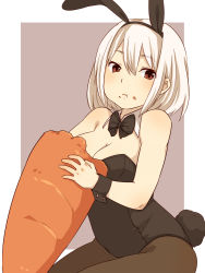 Rule 34 | 1girl, animal ears, bad id, bad pixiv id, bow, bowtie, breasts, carrot, cleavage, detached collar, eating, fake animal ears, kiiroi tamago, leotard, original, oversized food, oversized object, pantyhose, playboy bunny, rabbit ears, red eyes, short hair, solo, white hair, wrist cuffs, yuino-y