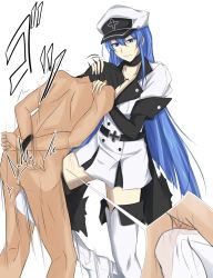 Rule 34 | 10s, 1boy, 1girl, abuse, akame ga kill!, arms behind back, bad id, bad pixiv id, ball busting, bdsm, between breasts, black hair, blue eyes, blue hair, bondage, boots, bound, bound wrists, breast smother, breasts, cbt, choker, close-up, clothed female nude male, colored eyelashes, crotch kick, esdeath, evil smile, face to breasts, femdom, grin, hat, head between breasts, hetero, highres, kneeing, large breasts, light smile, long hair, looking at another, matching hair/eyes, military, military uniform, naughty face, nude, pain, peaked cap, sadism, short hair, smile, tattoo, testicles, thigh boots, thighhighs, uncensored, uniform, very long hair, violence, watarase piro