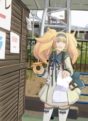 Rule 34 | amusement park, backpack, bag, binoculars, blonde hair, blue eyes, dress, gambier bay (kancolle), hair between eyes, hairband, highres, kantai collection, lost, map, mizuchi (mizuchi7118), open mouth, sailor dress, solo, thighhighs, twintails