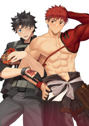 Rule 34 | 2boys, abs, bara, black gloves, black hair, black jacket, black pants, blue eyes, brown eyes, candy, chocolate, chocolate heart, closed mouth, command spell, dainyuu (dgls), emiya shirou, fate/grand order, fate (series), food, fujimaru ritsuka (male), fujimaru ritsuka (male) (polar chaldea uniform), gloves, heart, highres, holding, holding food, jacket, large pectorals, looking at another, looking at viewer, male focus, multiple boys, muscular, muscular male, navel, nipples, one eye closed, open mouth, pants, pectorals, red hair, senji muramasa (fate), short hair, single bare shoulder, smile, wristband, yaoi