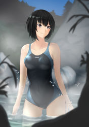 Rule 34 | 1girl, absurdres, amagami, black hair, black one-piece swimsuit, blue one-piece swimsuit, blurry, blurry foreground, boulder, breasts, brown eyes, closed mouth, collarbone, commentary, competition swimsuit, foliage, hair between eyes, highres, light blush, looking away, medium breasts, nanasaki ai, night, one-piece swimsuit, onsen, short hair, sky, smile, solo, steam, swimsuit, thigh gap, twilight, wading, yoo tenchi
