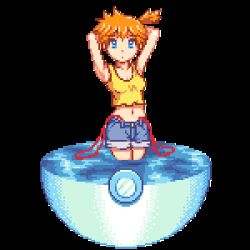 Rule 34 | 1girl, armpits, arms behind head, arms up, bad id, bad pixiv id, bare shoulders, blue eyes, breasts, creatures (company), crop top, crop top overhang, denim, denim shorts, game freak, looking at viewer, lowres, midriff, misty (pokemon), navel, nintendo, orange hair, pixel art, poke ball, pokemon, pokemon (anime), pokemon (classic anime), ponytail, shibui, shirt, short hair, short ponytail, short shorts, shorts, side ponytail, sleeveless, sleeveless shirt, solo, strap slip, suspenders, tank top, transparent background, wading, water, white background, wide ponytail, yellow shirt