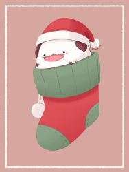 Rule 34 | 7mb yut, black eyes, hat, horns, league of legends, no humans, pink background, poro (league of legends), red hat, santa hat, smile, socks, solo, tongue, tongue out