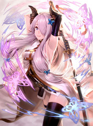 Rule 34 | 10s, 1girl, arched back, armpits, bare shoulders, black thighhighs, blue eyes, braid, breasts, draph, elbow gloves, gloves, granblue fantasy, hair ornament, hair over one eye, horns, large breasts, light purple hair, lips, long hair, looking at viewer, lowres, narmaya (granblue fantasy), ogino (oginogino), pointy ears, single braid, single elbow glove, single thighhigh, solo, thigh strap, thighhighs